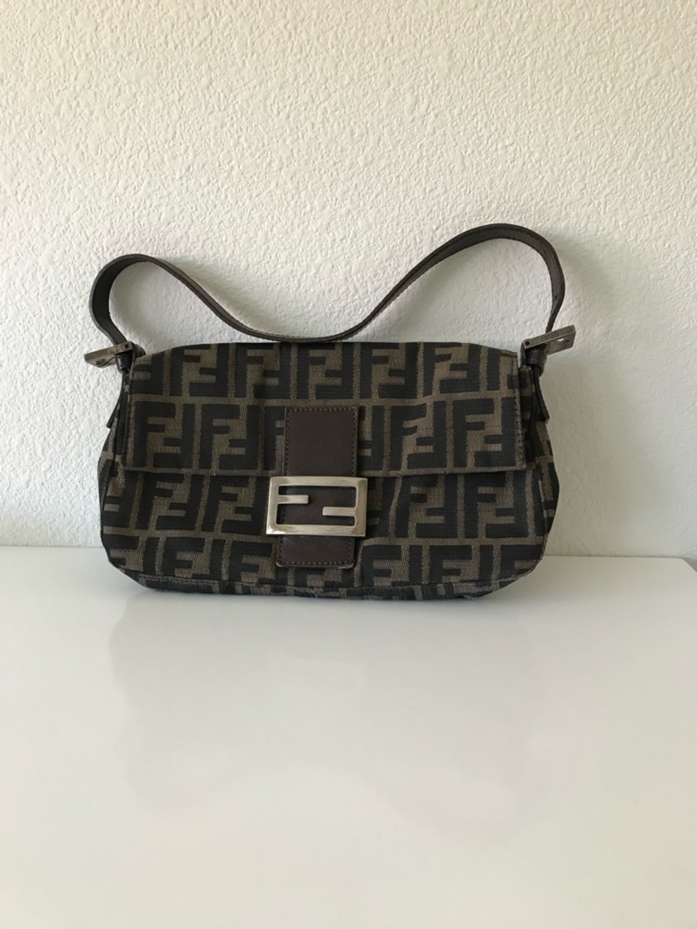 Fendi Brown FF Logo Canvas Baguette Shoulder Bag